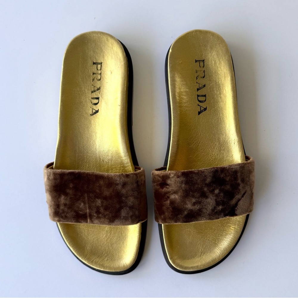 Prada Velvet Slide Sandals in Brown & Gold Size 36 - Picture 15 of 15
